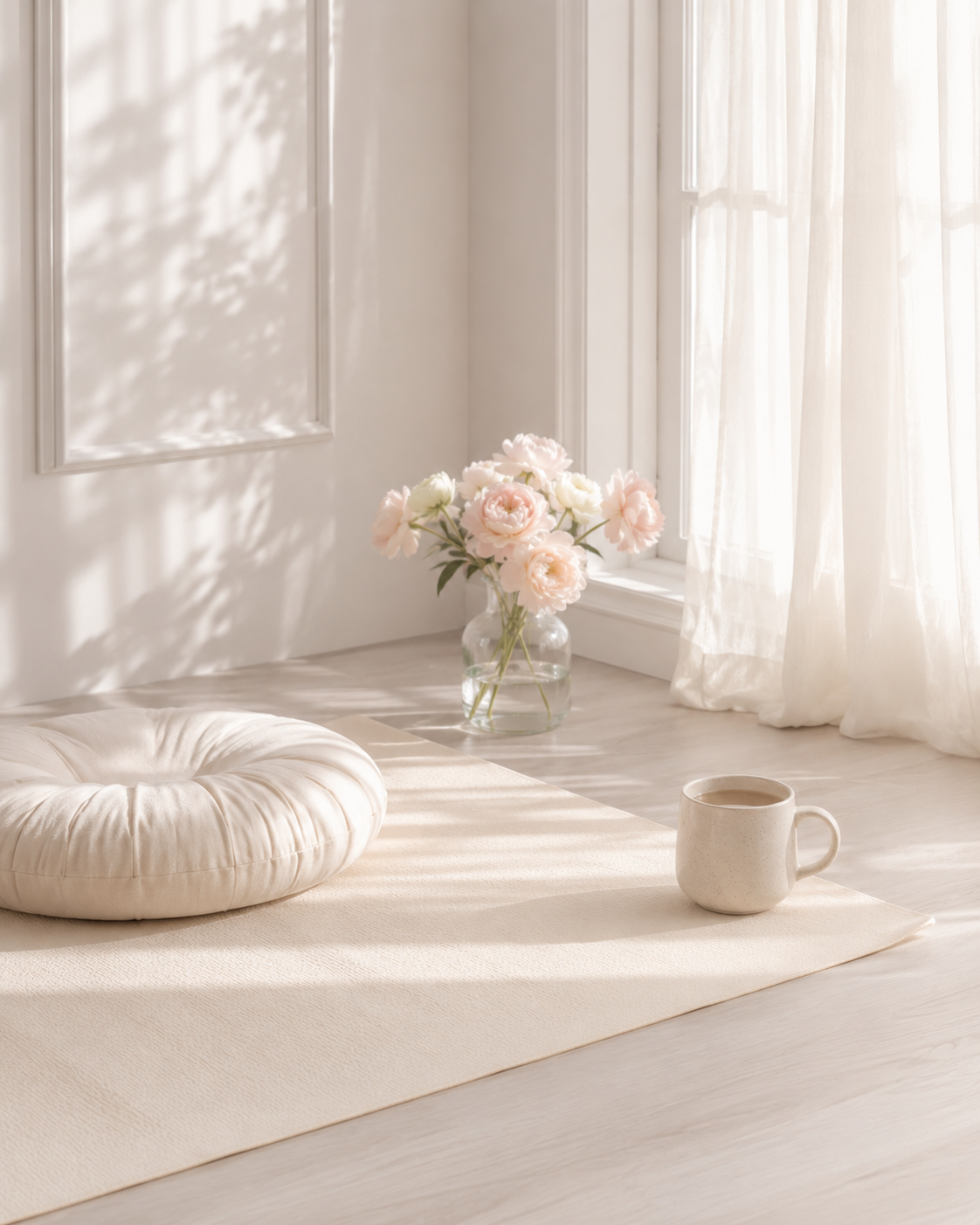 Peaceful bright room with meditation cushion