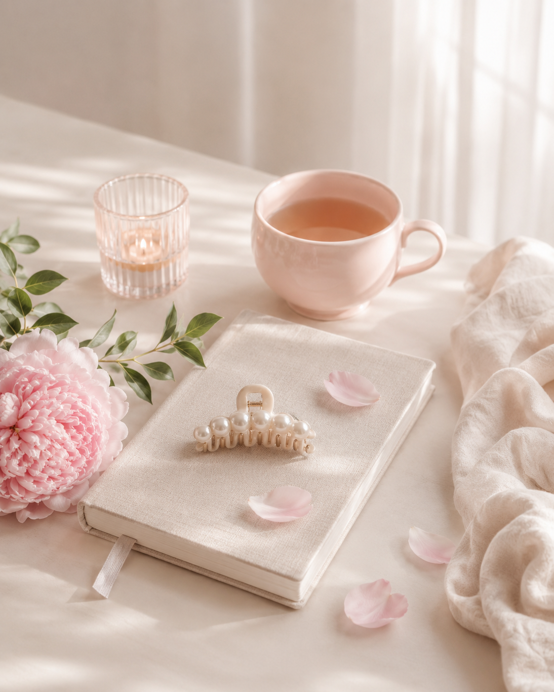 Cozy therapy setup with tea, journal, and candle