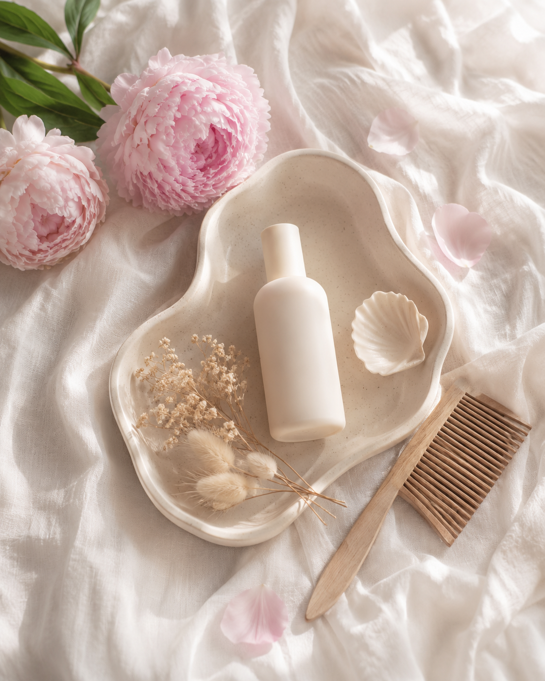 Wellness tray with a lotion bottle, flowers, and a comb