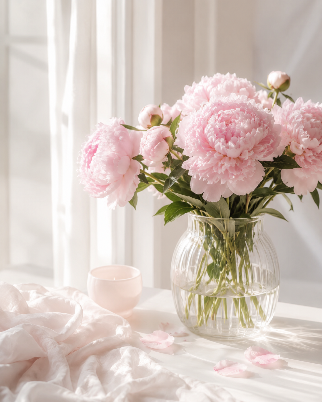 Pink peonies in a glass vase, evoking warmth and healing